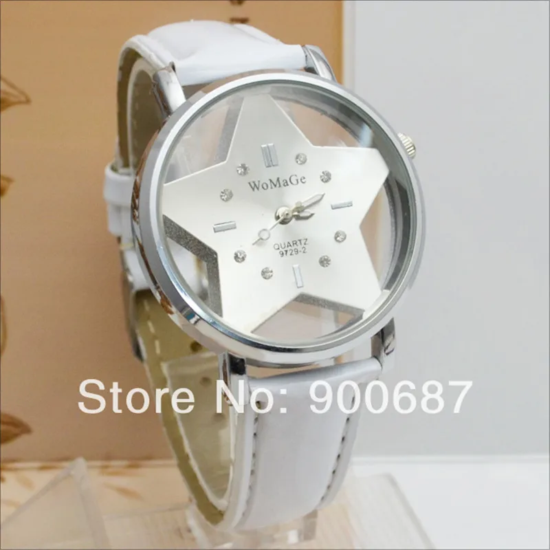 Relojes Mujer Womage Fashion Brand Women Watches Hollow Dial Leather Belt Quartz Star Watch Fashion Women Dress Watches