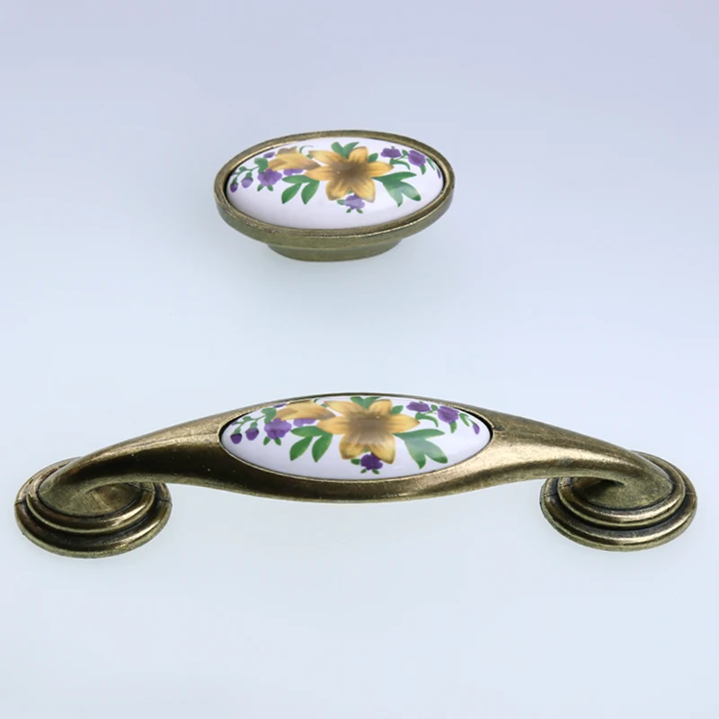 128mm retro style rustico rural green flower ceramic kitchen cabinet cupboard door handles 16mm bronze drawer  cabinet pull knob