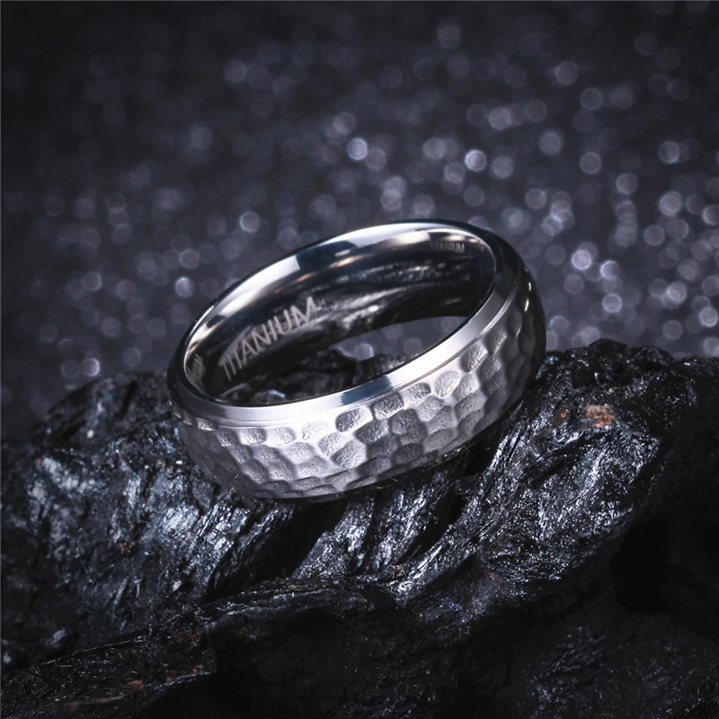 7mm Pure Titanium Ring Multi-faceted Hammered Polished Finish Comfort Fit Men & Women Wedding Band