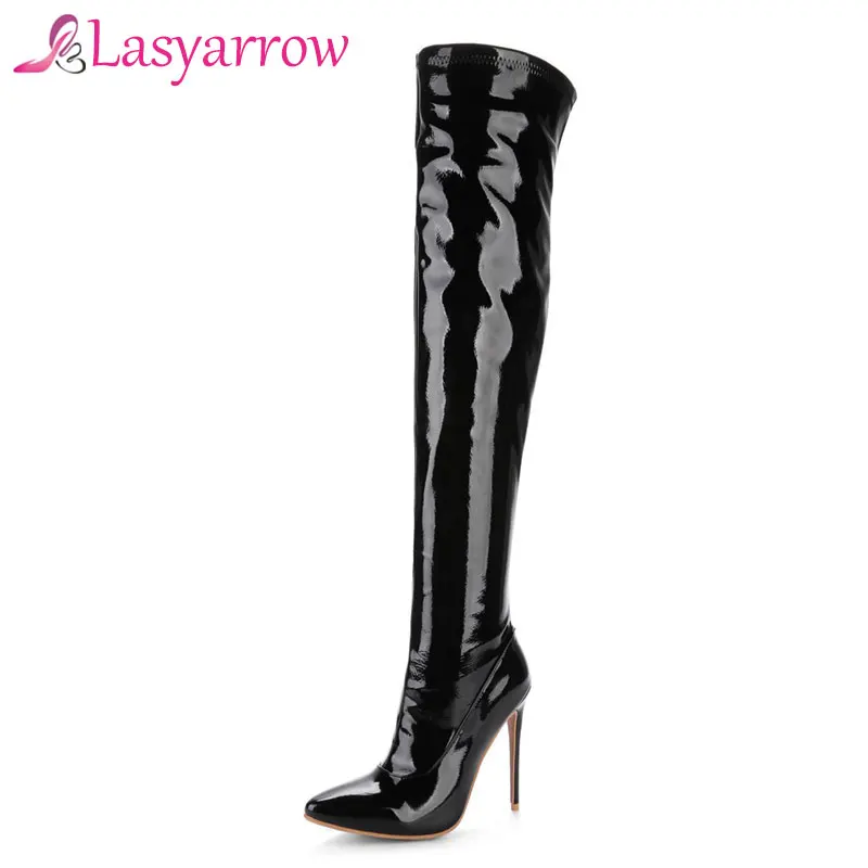 Lasyarrow Women\'s Thigh High Stiletto Boots Sexy Over the Knee Boots Sexy Women Boots Red Black Patent Leather Long Boots RM112