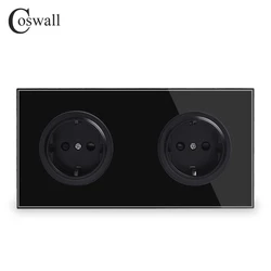 Coswall Crystal Tempered Pure Glass Black Panel 16A Double EU Standard Wall Power Socket Outlet Grounded Child Protective Door