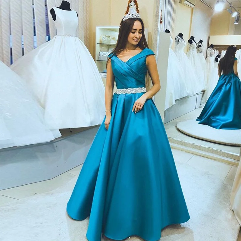 Elegant Turquoise Prom Dresses Puffy A-line V-neck Cap Sleeves Prom Gowns Floor Length Diamonds Sashes Women Formal Party Gowns