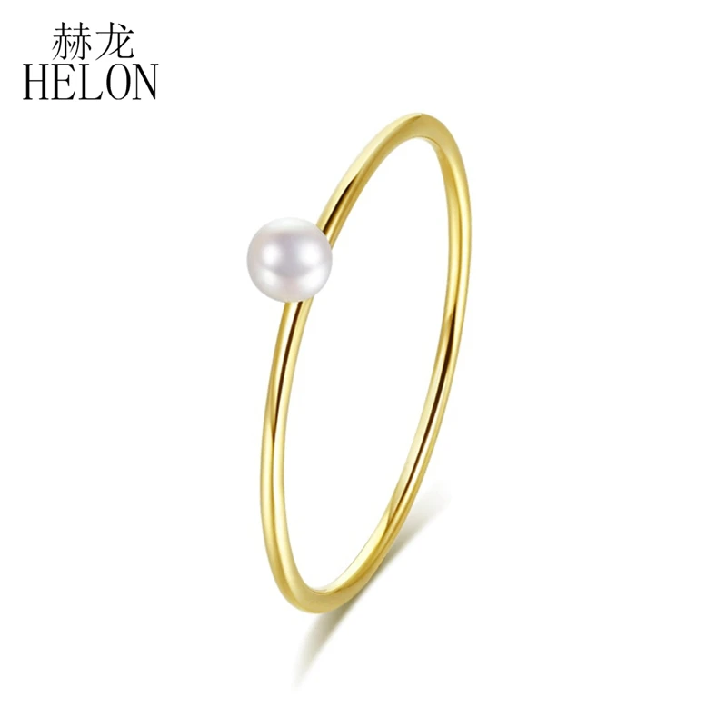 

HELON Solid 14K Yellow Gold Certified Round 100% Genuine Freshwater Pearl Engagement Ring Women Wedding Trendy Fine Jewelry Gift