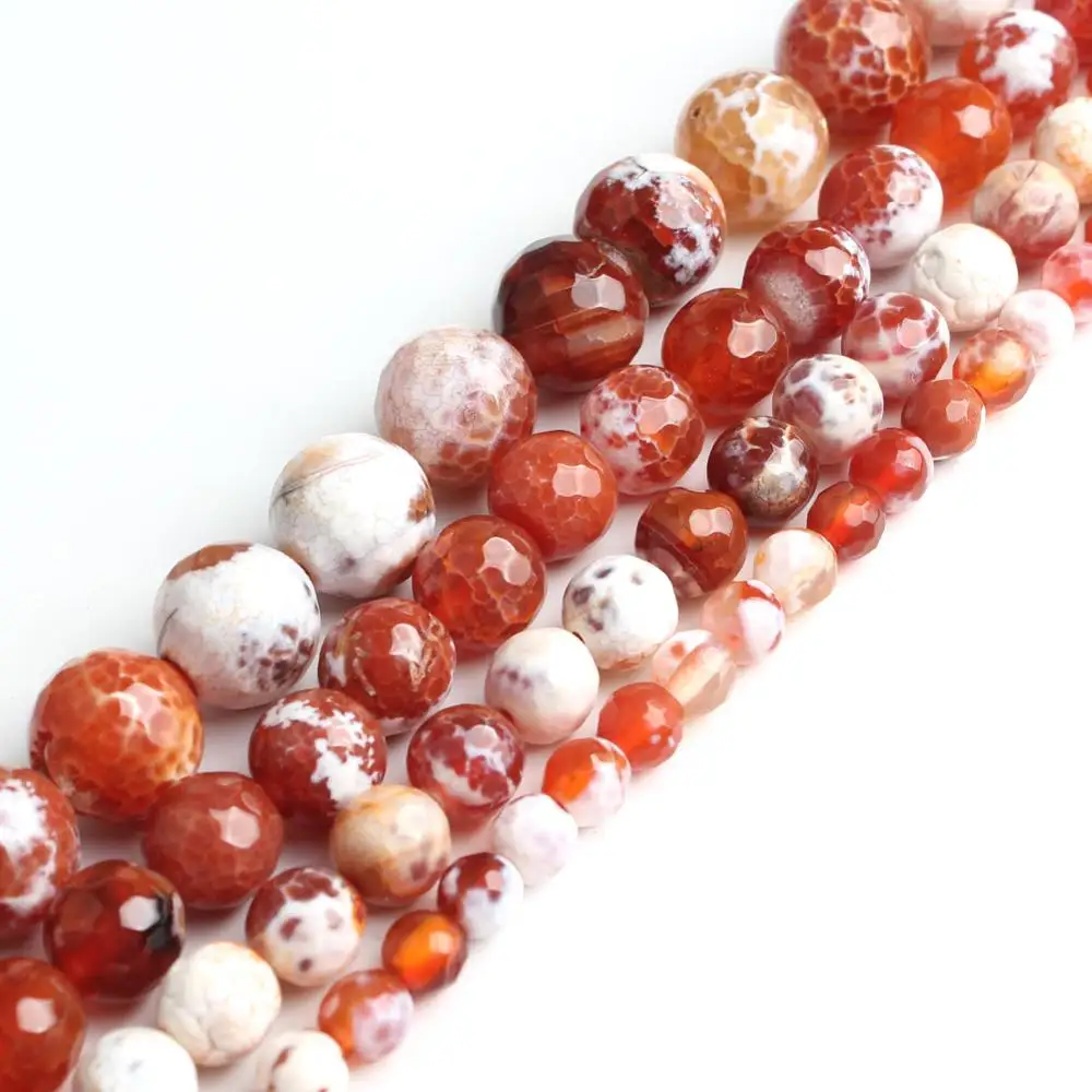 Wholesale Faceted Orange Fire Agates Round Loose Bead 15inch Natural Stone Beads for Jewelry Making Pick Size 6/8/10/12mm