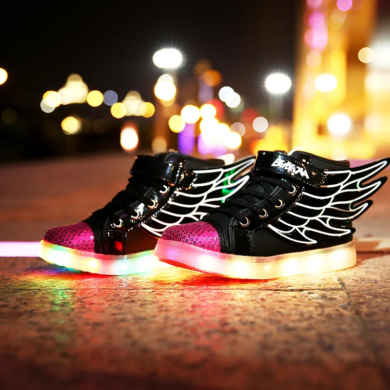 Jawaykids-Tênis Infantis Brilhantes, USB Recarregável, Asas de Anjo, Sapatos Luminosos, Luz LED, Corrida, Meninos, Meninas, Crianças