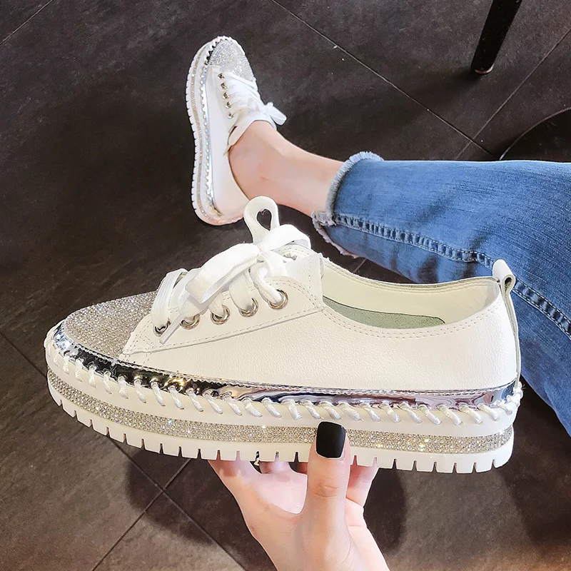 Round Toe 2024 Women Shoes Ballet Flats Platform Shallow Mouth Solid All-Match Crystal Creepers Dress Casual Fashion On Small