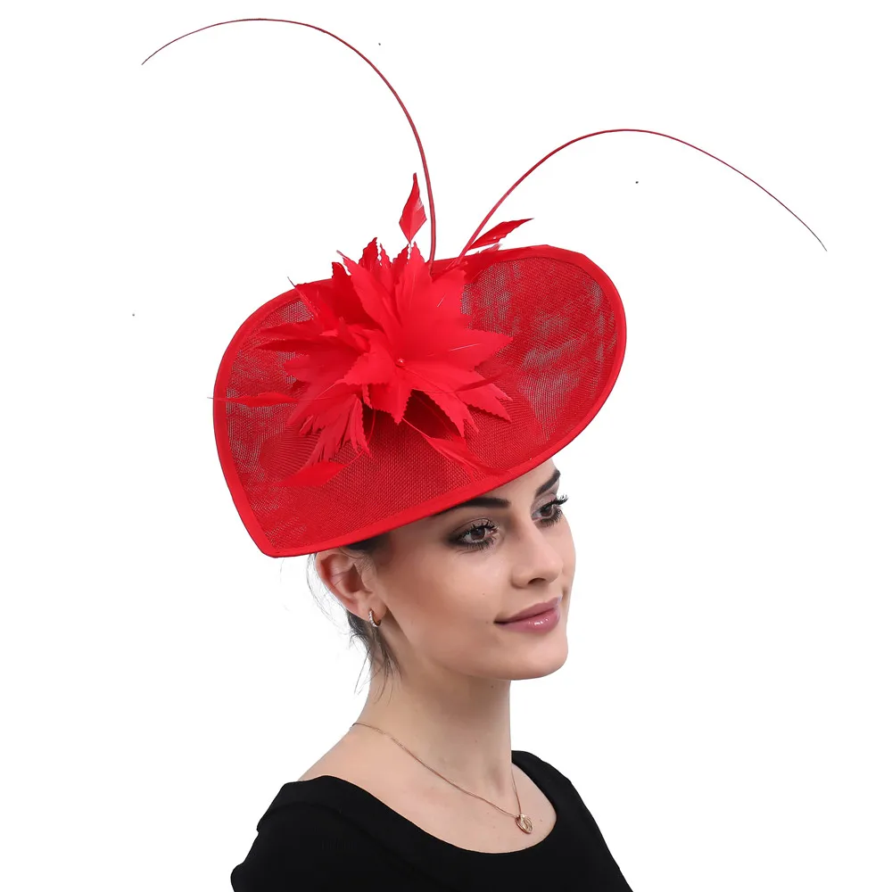 Topi fascinator merah Gereja hiasan kepala bagus pernikahan wanita Derby besar aksesori rambut bulu hiasan kepala elegan untuk wanita