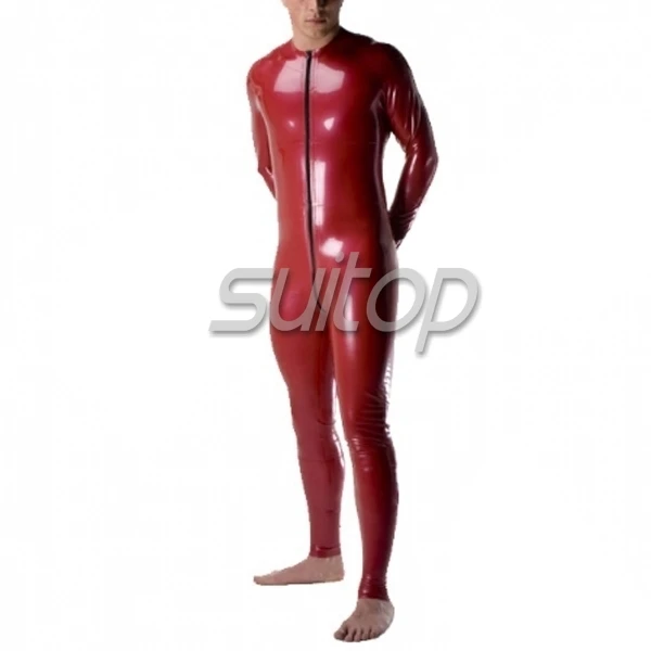 

Suitop latex glued catsuit for men red color two ways open 3 zip