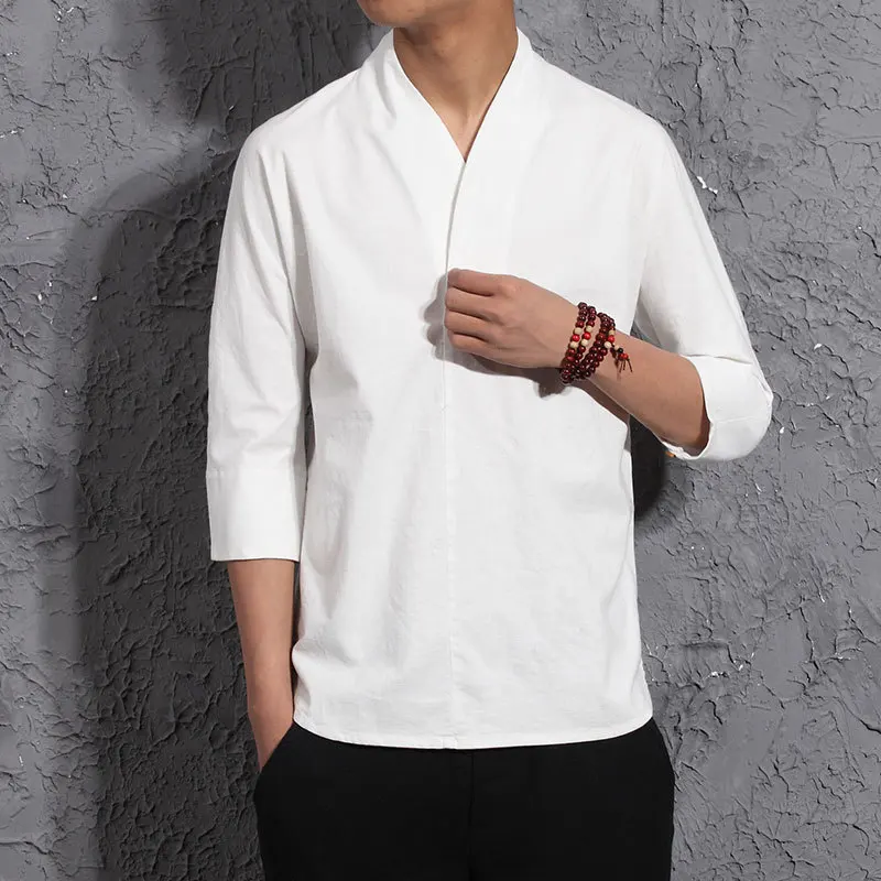 Men Linen Shirts Three Quarter Sleeve Chinese Style Pullover V Neck Traditional Kung Fu Tang Casual Social Shirt Male TS-314