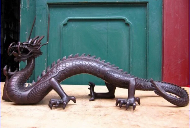 

free Shipping 28cm Chinese Vintage 100% Pure Copper Bronze Carved Lucky Dragon Statue