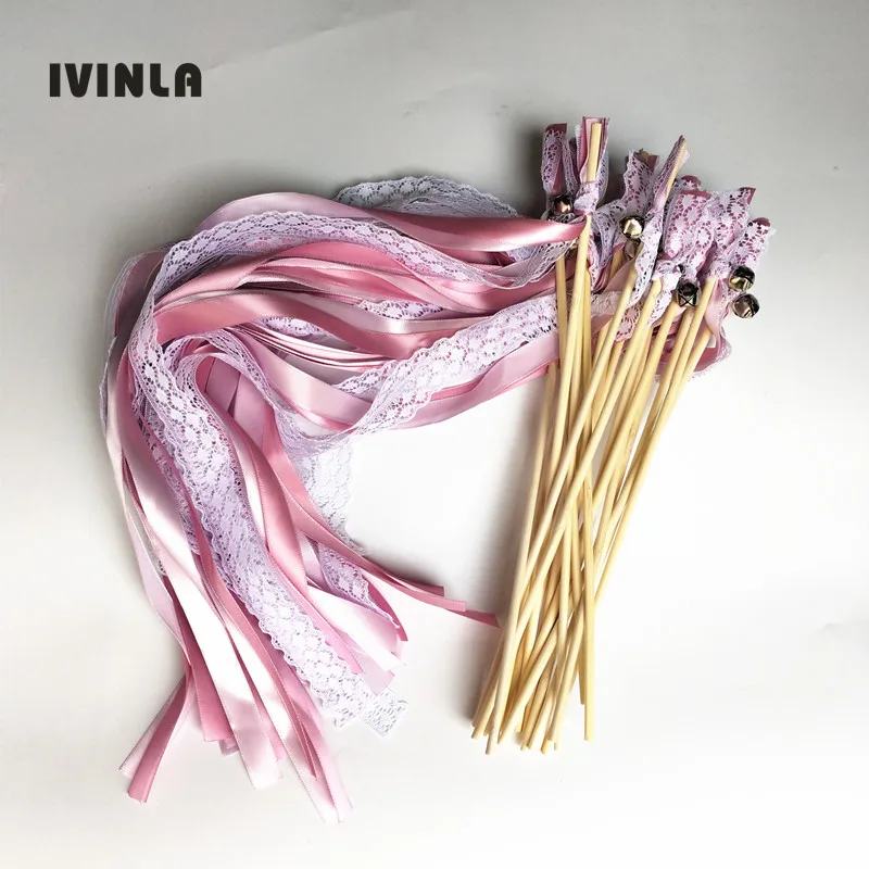 50Pieces/Lot dark pink  lace wedding wands with sliver bells  for wedding decoration