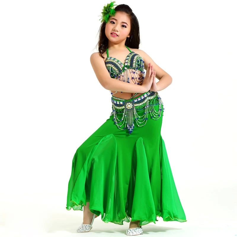 2018 New Children Belly Dance Clothes 3-piece Oriental Outfit Belly Dance Costume Set Competition Fishtai Skirts #865-1