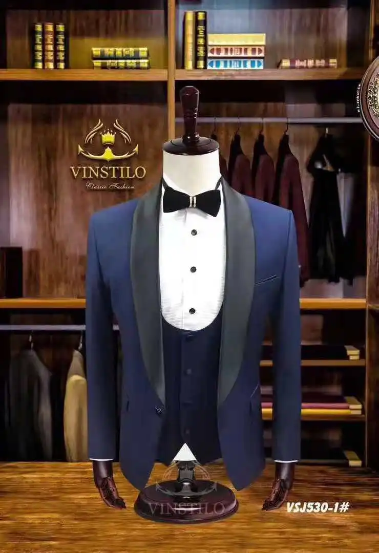 

Navy Blue Formal Men Suits For Wedding Black Shawl Lapel Groom Tuxedos Slim Fit Prom Party Blazer Costume Homme Mariage