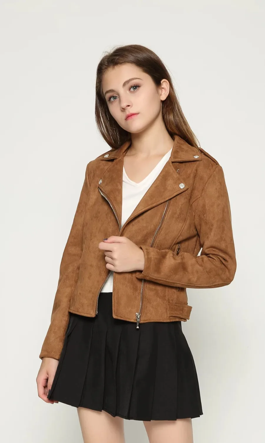 New Fashion Women suede motorcycle jacket Slim brown full lined soft faux Leather female coat veste femme cuir epaulet zipper