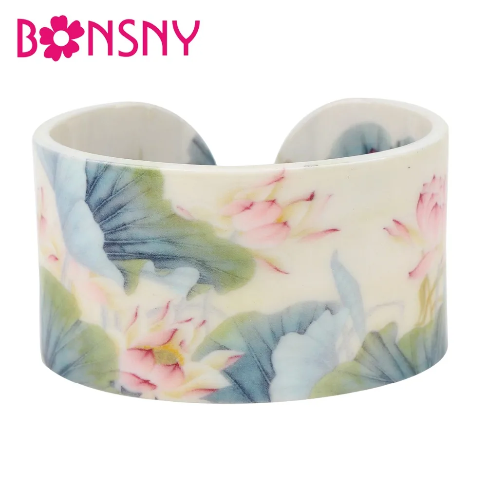 Bonsny Plastic Chinese Lotus Ink and Wash Painting Bangles Bracelets Traditional Ethnic Jewelry For Women Girls Ladies Statement