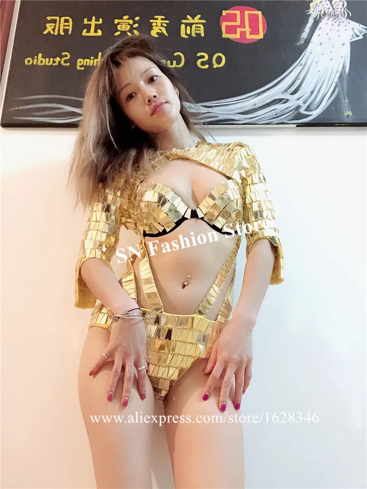 P62 Party singer stage dance wears show jumpsuit gold mirror costumes bar catwalk perform clothes disco dresses stage dance club