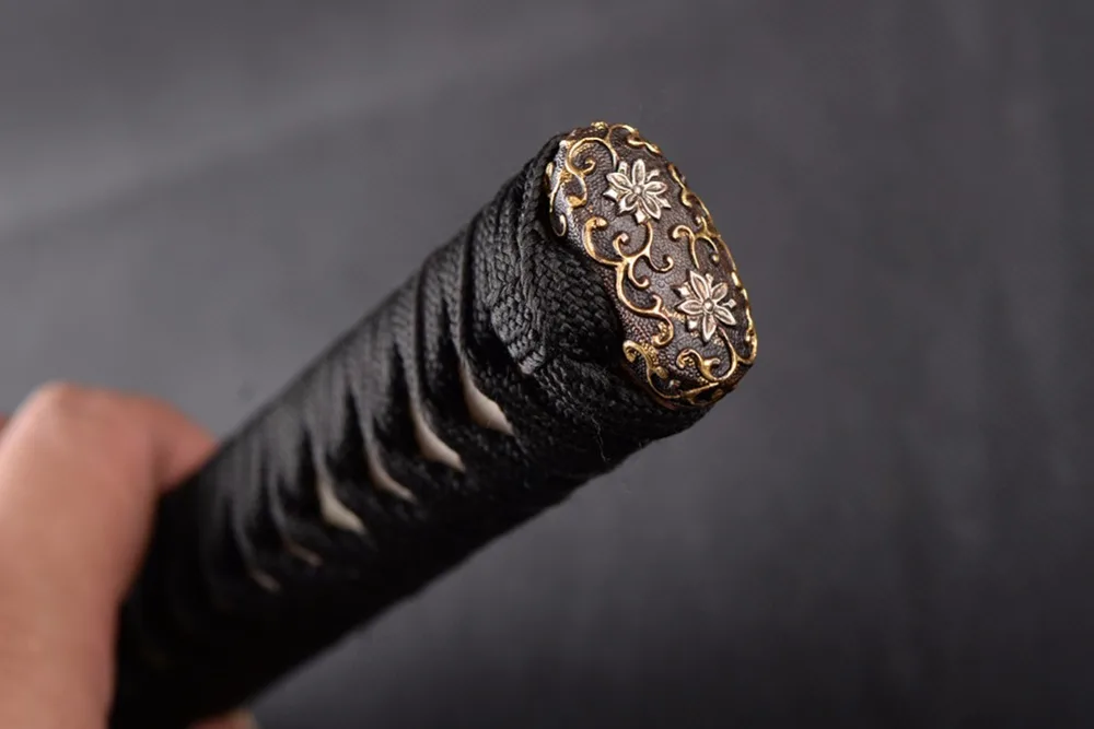 High Quality Exquisite Handle Tsuka for Japanese Sword Katana Black Silk Ito & Genuine Rayskin & High-grade Gilt Fuchi Kashira