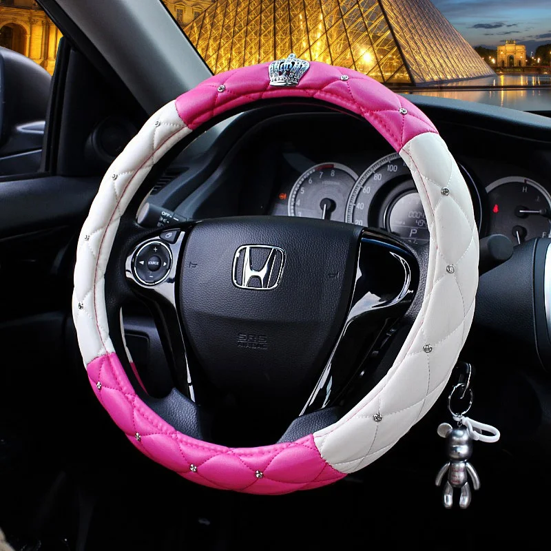 Bling Rhinestone Car Steering Wheel Cover Leather Crown Auto Steering-Covers Handle Cases Diamond For Women Girls Styling Gadget