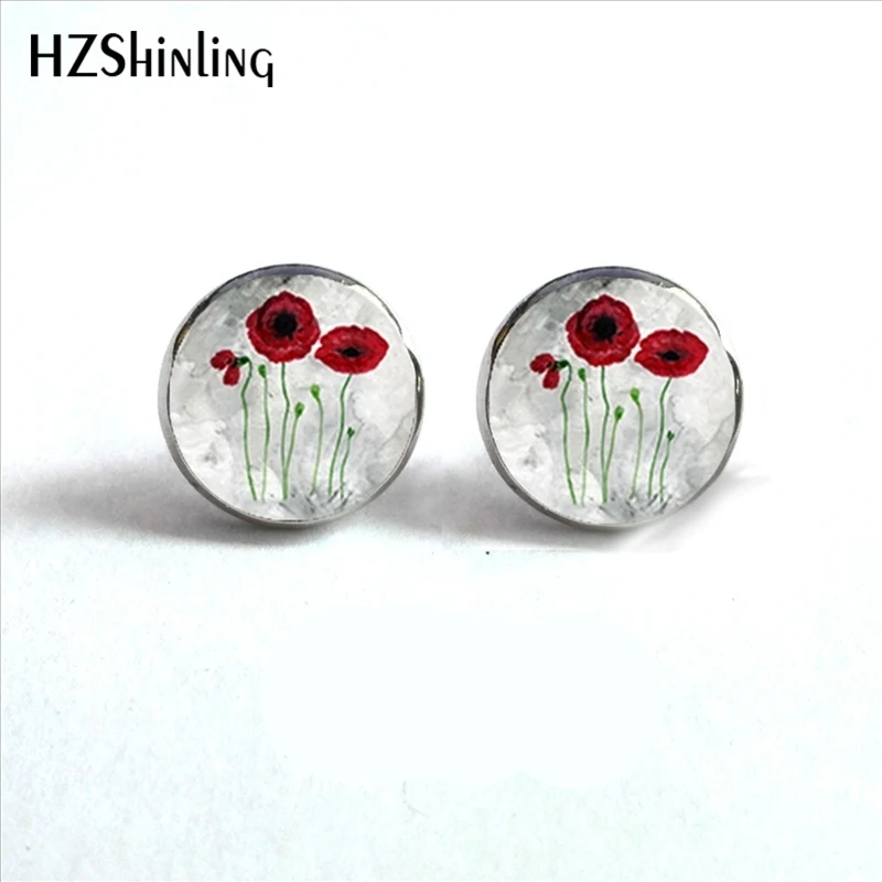 ED-0035 New Arrival Red Flower Art Earrings Handmade Round Glass Dome Field Of Flowers Stud Earrings Wholesale HZ4