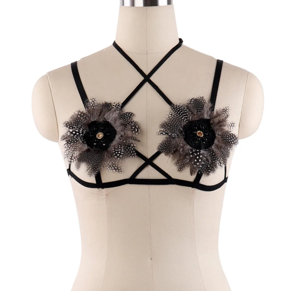 

Goth Rave Bondage Harness Feathers Body Harness BurningMan Feathers Bra Fetish Punk Lingerie Harness Cage Harajuku Feathers Cage