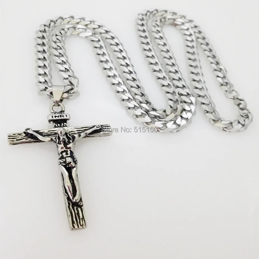 Free Shipping Charming New Punk Mens Jewelry Stainless Steel Silver Color Cross Pendant Necklace With 23.6\