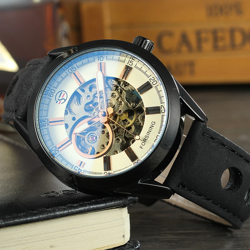 Forsining Top Brand Men\'s Exposed Mechanical Watch Vintage Skeleton Clock Male Antique Steampunk Casual Automatic Leather Watch