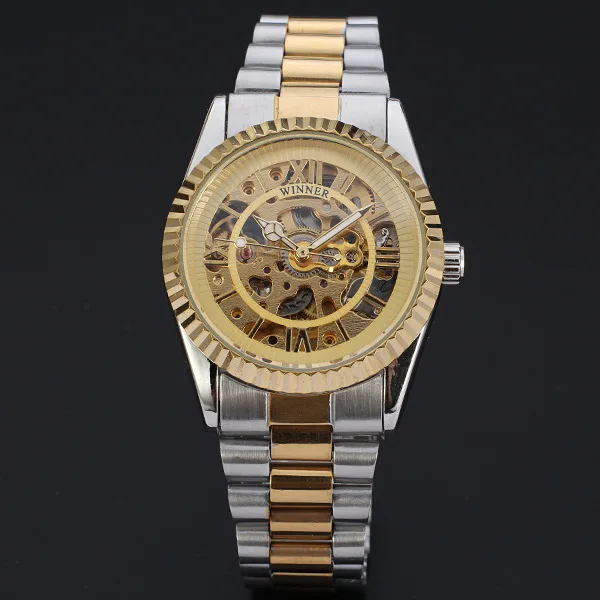 T-WINNER Top Charm Watch Luxury Skeleton Mechanical Self Wind Calendar Watches Male Golden business With Metal Band