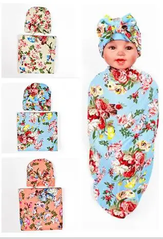 

2017 new kids swaddle blanket and bowknot Floral hat cap set flower bud blanket girls photography props muslin swaddle wrap