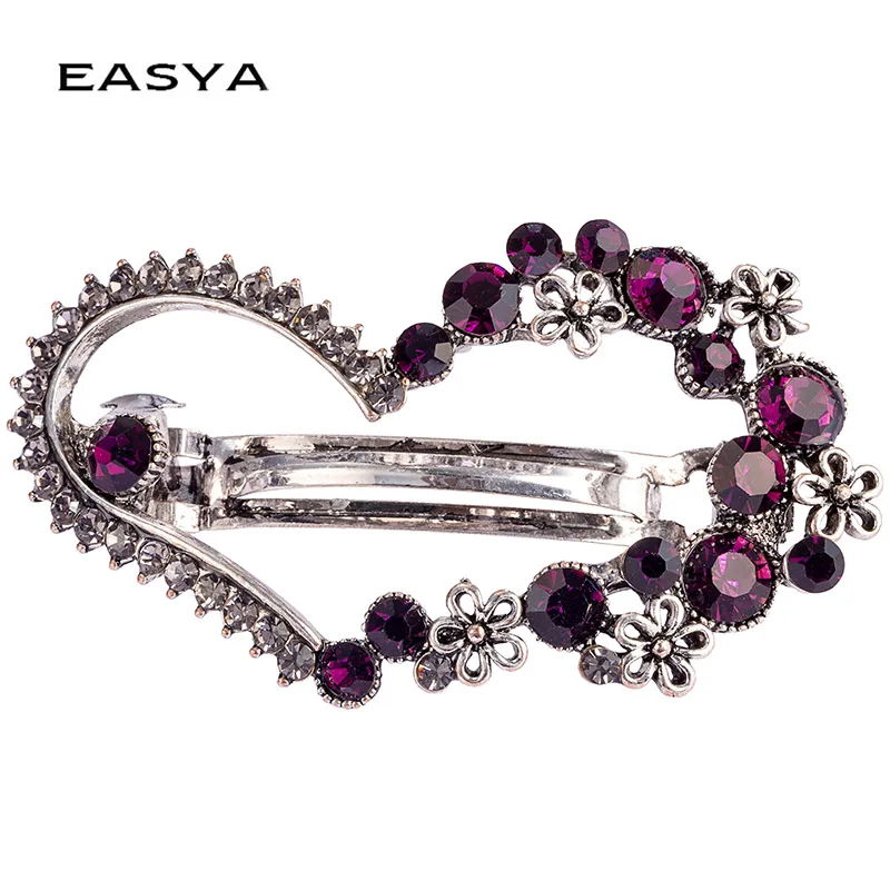 EASYA Vintage Antique Metal Crystal Heart Hairgrips Purple Blue Butterfly Flower HairPins For Women\'s Hair Accessories