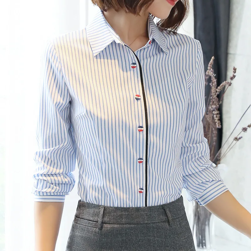 Fashion Clothes Women Blue Stripes Shirt New Formal Business Slim Long Sleeve Blouse Office Ladies Work Tops