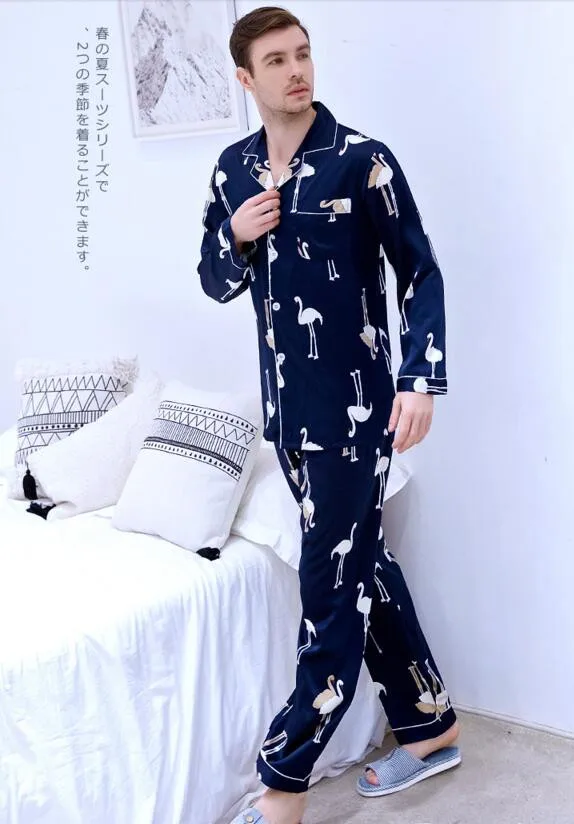 Men's Long-sleeved Suit Set Household Clothes Ice Silk Satin Leisure Sleepwear Students Plus Size All Seasons Nightwear J042