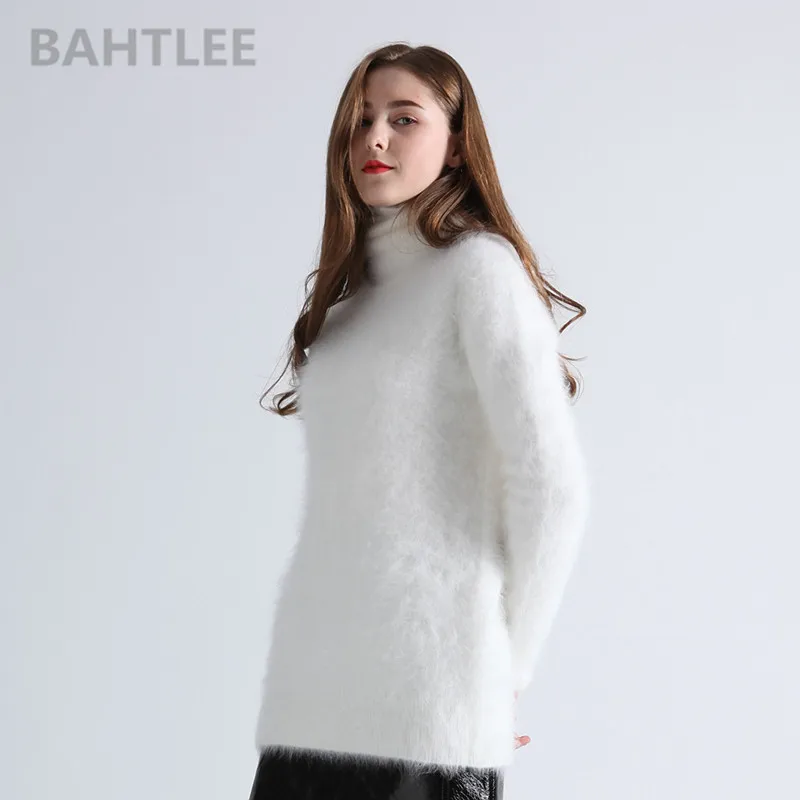 BAHTLEE-Women\'s Angora Jumper, Turtleneck Pullovers, Knitting Sweater, Long Sleeve, Keep Warm, White, Winter