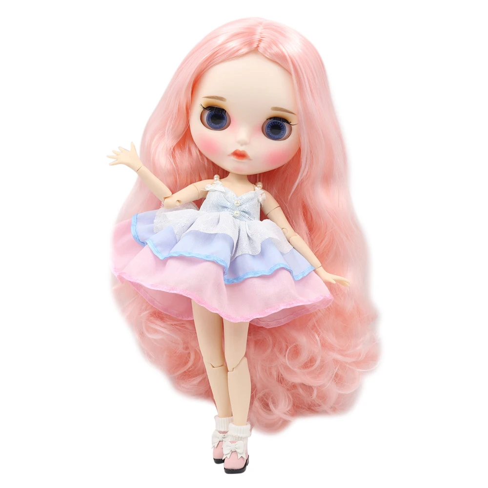 

ICY DBS Blyth Doll 1/6 bjd white skin Joint Body Cute pink without bangs curls new matte face with eyebrows Lip gloss sd toy