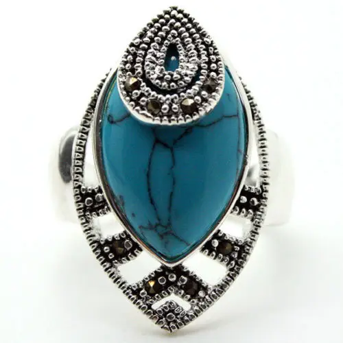 30*18mm RARE VINTAGE 925 SILVER BLUE Natural Stone MARCASITE DROP RING SZ 7/8/9/10