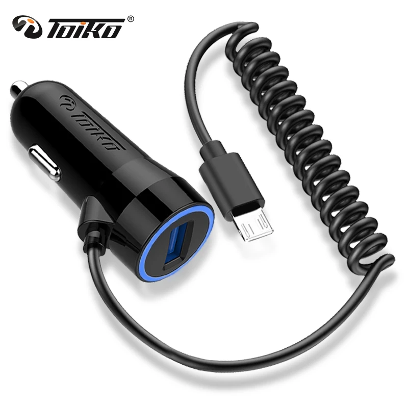 TOIKO 3.4A 5V Auto Car Charger with Micro USB Coil Cable for Android Mobile Phone Charging Port Travel Charge Adapter Universal