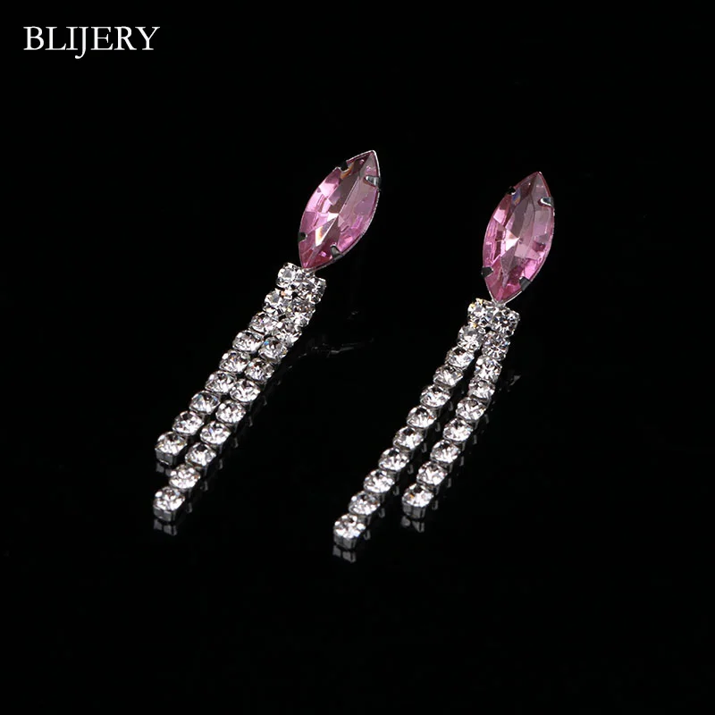 BLIJERY Fashion Pink Crystal Prom Wedding Jewelry Sets for Women Accessories Floral Tassel Necklace Earrings Bridal Jewelry Sets