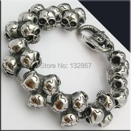 HEAVY HORRIBLE SKULL BIKER Stainless Steel Link Bracelet 8.5