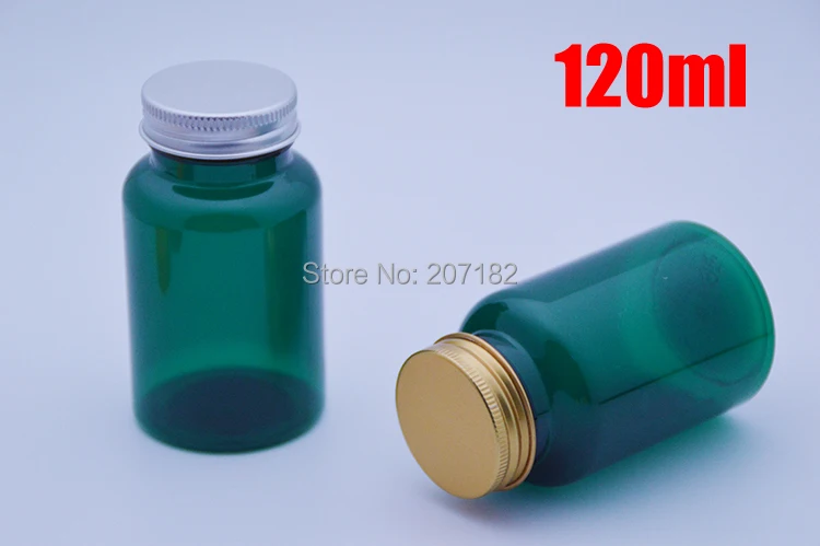 

100pcs 120ml PET Translucent Green Medicine Bottle, Capsules/Pills/Powder/Vitamin Plastic Bottles -- Golden/Silver Aluminum Caps