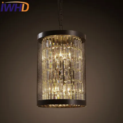 

IWHD Crystal Cage Loft Industrial Pendant Lamp led American Style 6 Heads Retro Iron Black Pendant Lights Home Lighting Stairs