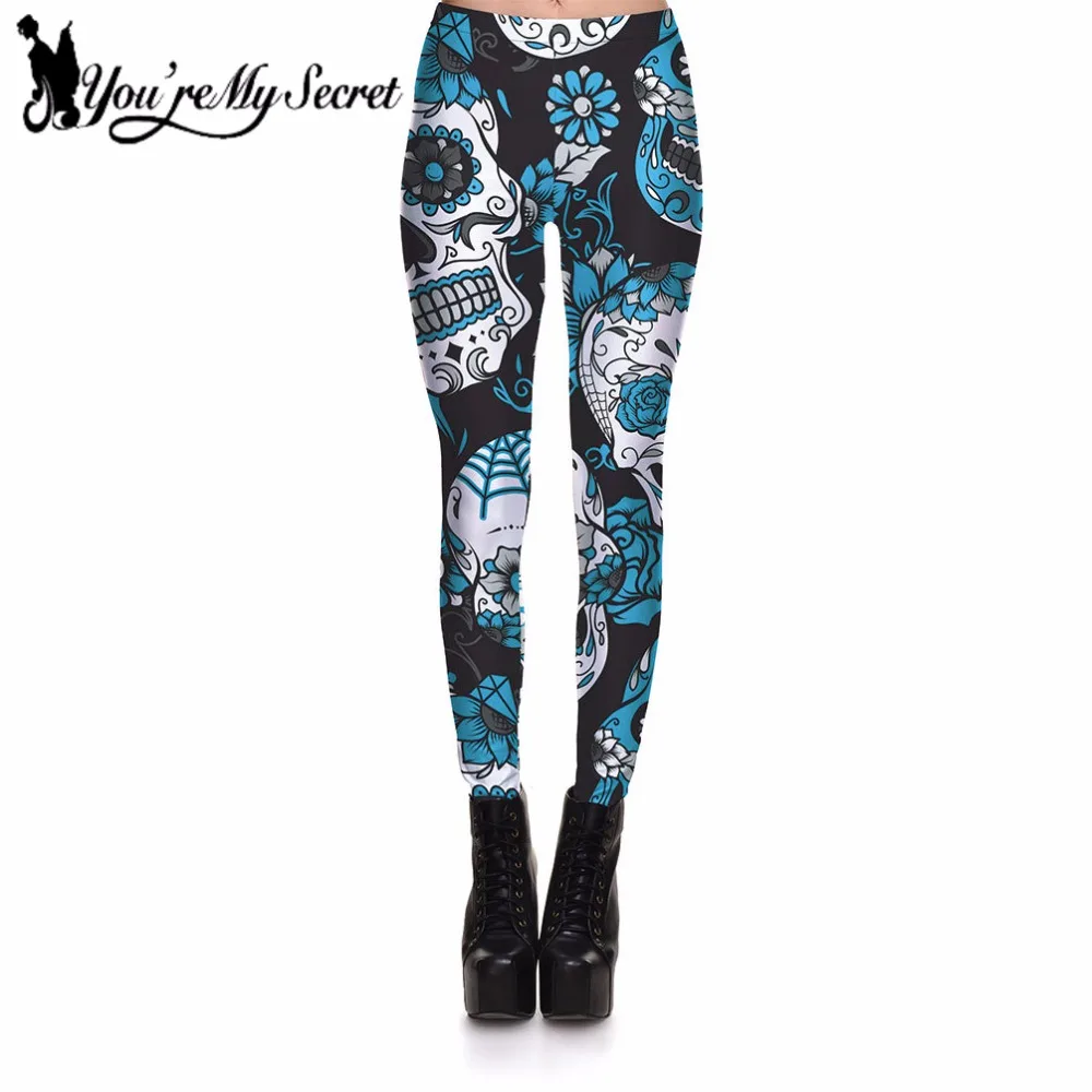 

[You're My Secret] 2021 Fashion Women Fitness Leggings Blue Skull Floral 3D Print Legging 4 Colors Pant Female High Waist Leggin