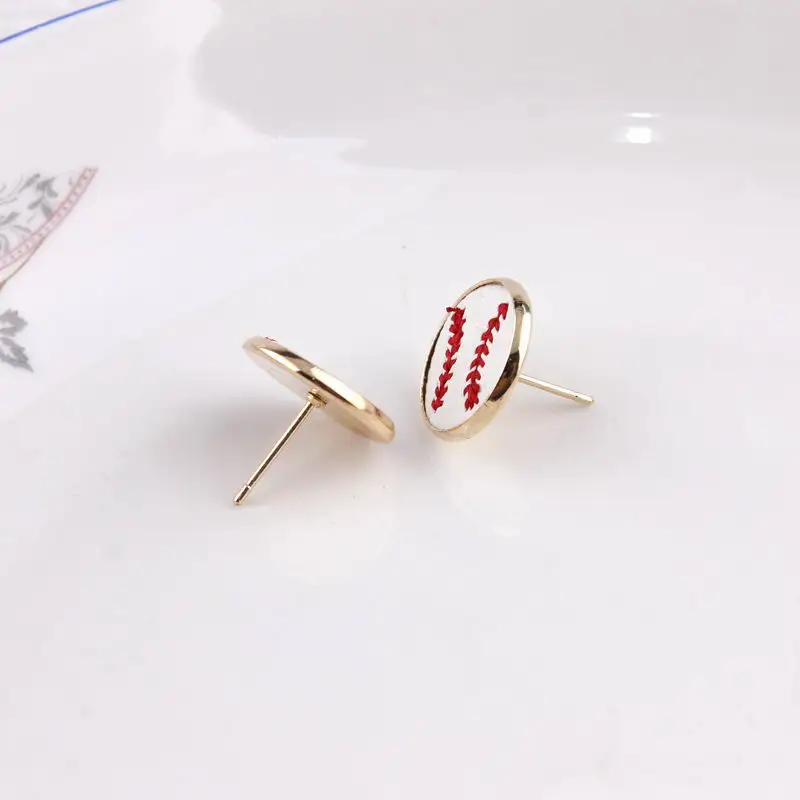 2019 New Arrival Embroidery Baseball Leather Round Stud Earrings For Women Mini Round Leather Sport Ear Stud Jewelry Wholesale