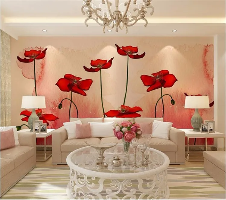 

Large fresco 3d 3d living room TV background wallpaper nonwovens simple European wallpaper modern minimalist poppy flowers