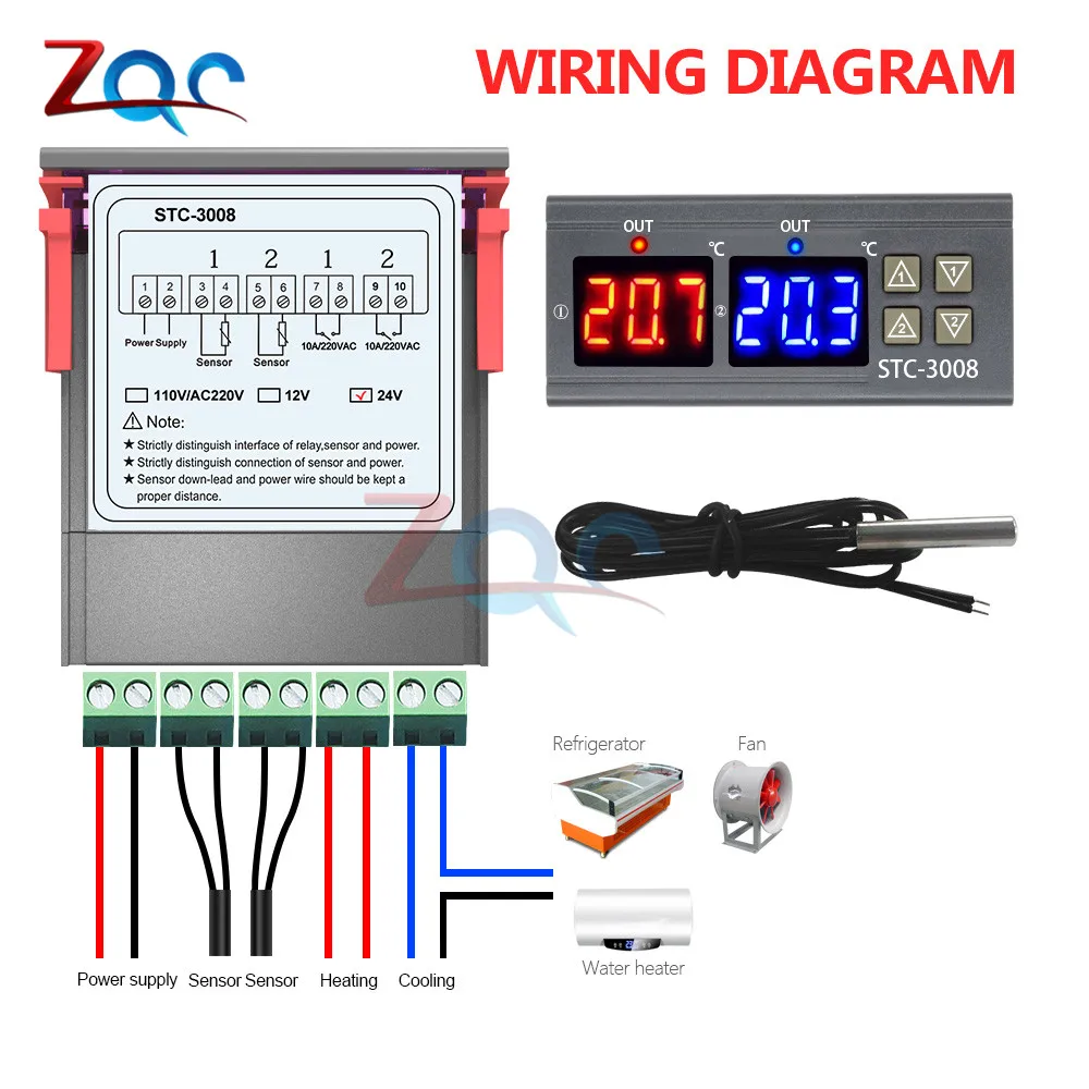 Dual Digital Temperature Controller Thermostat Thermoregulator Incubator Probe 10A Heating Cooling Two Relay 12V 24V 110V 220V