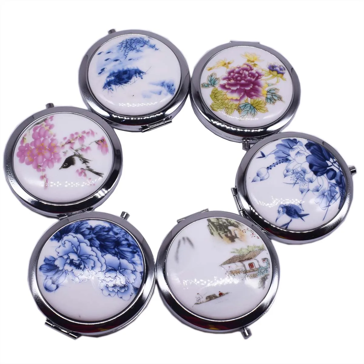 Makeup Mirror White and Blue Porcelain Pocket Mirrors Compact Folded Portable Mini Round Hand Mirror Makeup Vanity Make Up Tools