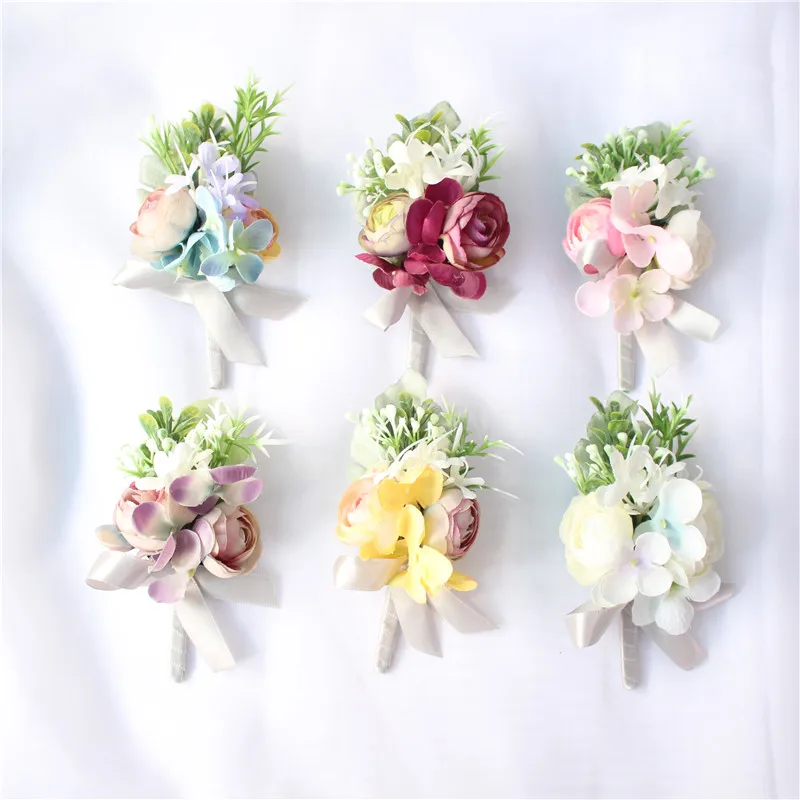 YO CHO – Roses en soie pour mariage, corsage au poignet, boutonnières, fleurs blanches pour la mariée, décor de bouton de marié, fournitures pour homme