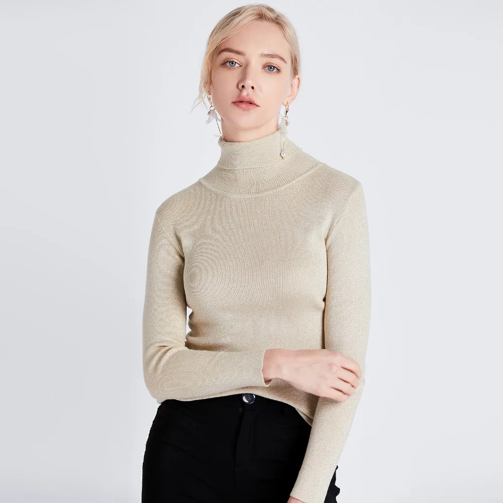 New Glitter Turtleneck Women Pullover Sweater High Elasticity Knitted Flash Slim Jumper Autumn Winter Basic Female Sweater D333