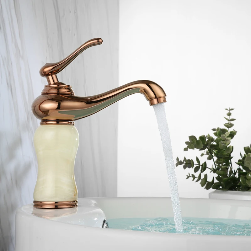 

Luxury Rose Gold Brass Natural jade Bathroom Sink Faucet Art Basin Mixer Taps Single Handle Lavatory Faucet--SM5313