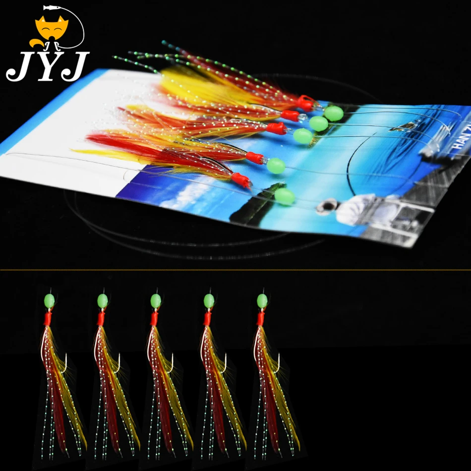 

2 bags HOOK size 1/2/3/4 artificial fishing lure bait sabiki rigs , with 5 feather hoooks , luminous beads for night fishing