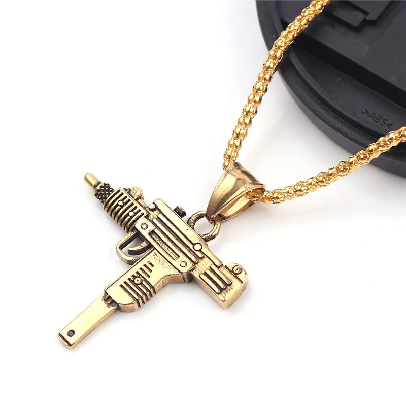 Charm Pistol UZI Gun Shaped Pendant Punk Tommy Gun Army Style Male Chain Necklace For Men corrente masculina Jewelry Gifts