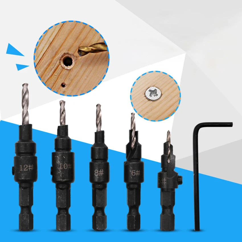 5 pces/4 pces conjunto bancada broca carpintaria broca 5 #6 #8 #10 #12 #14 # hex shank, furo piloto de perfuração de haste redonda para parafuso